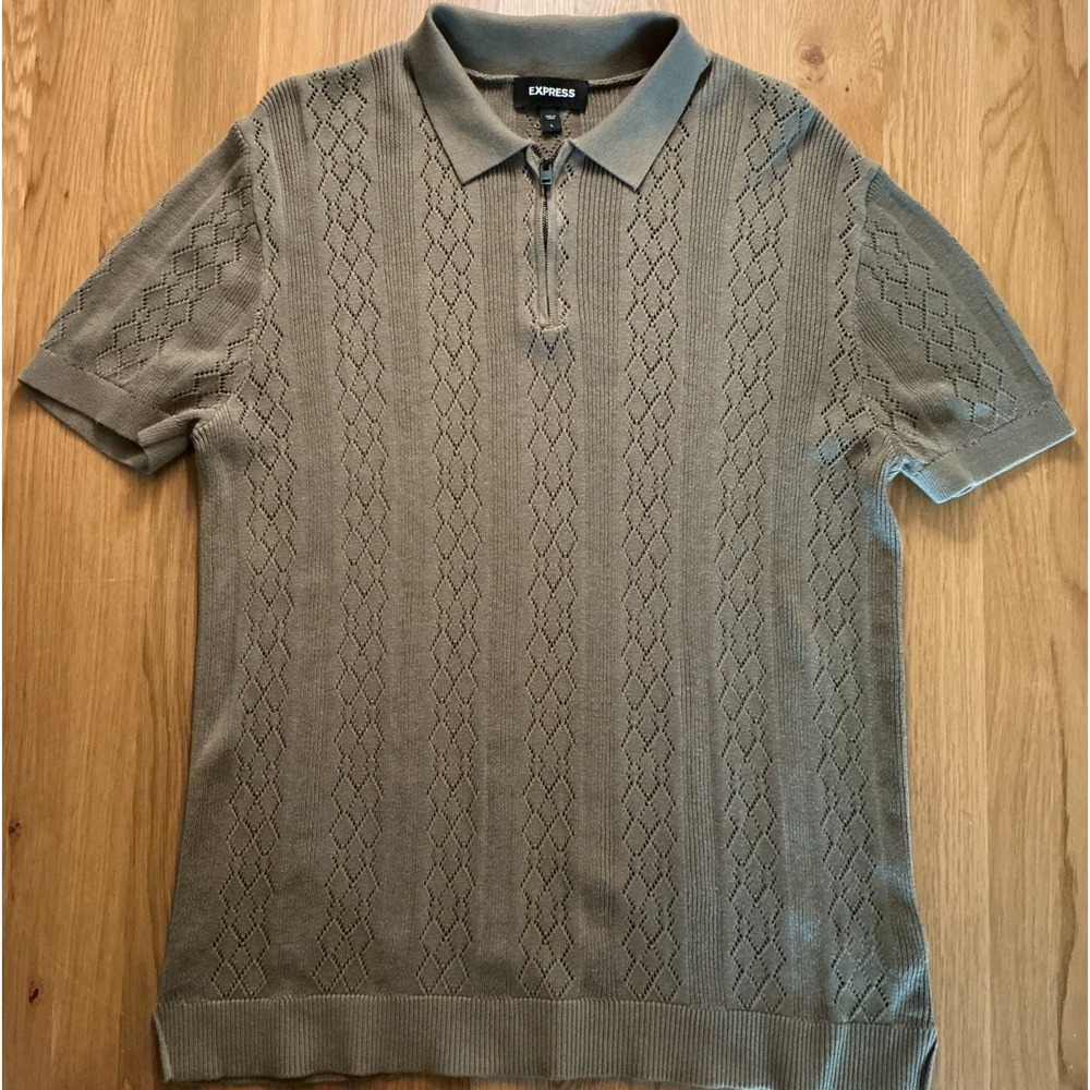 Express Knit Polo Sweater Mens Large Olive Green Quarter Zip Open Weave Shirt